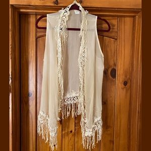 Daytrip Sheer Vest with crocheted fringe, Large, Cream